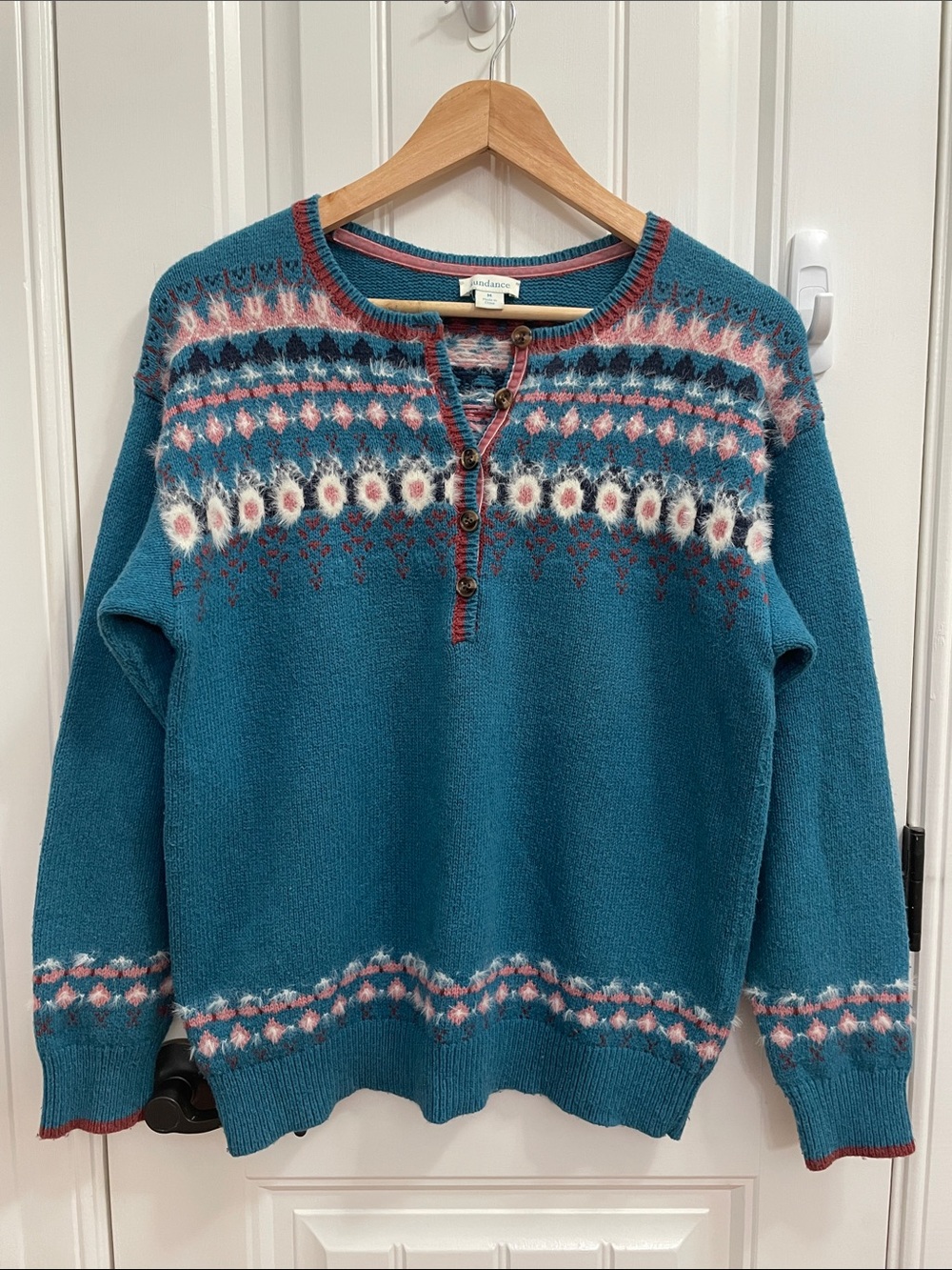 Sundance Teal Fair Isle Henley Sweater with Pink and Cream Accents